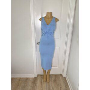 Light Blue Ribbed Midi Dress With Ruched Front Detail & Sleeveless Design - Medi